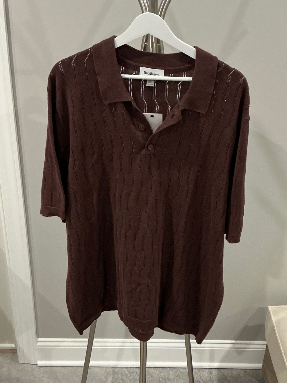 Goodfellow & Co Chocolate-Brown Knit Polo with Subtle Stripe Texture